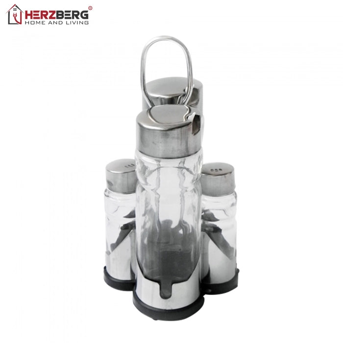 Herzberg HG-6006: Stainless Steel Spice Rack with 4 Glass Jar Set