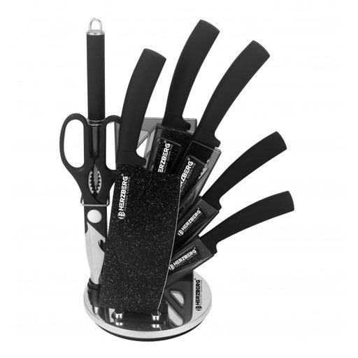 Herzberg 8 Pieces Knife Set with Acrylic Stand - Black Marble - Shopperllo