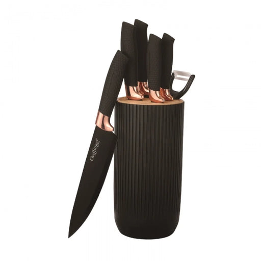 Cheffinger CF-KB01: 7 Pieces Knife Set - Black with Rose Gold Trim - Shopperllo