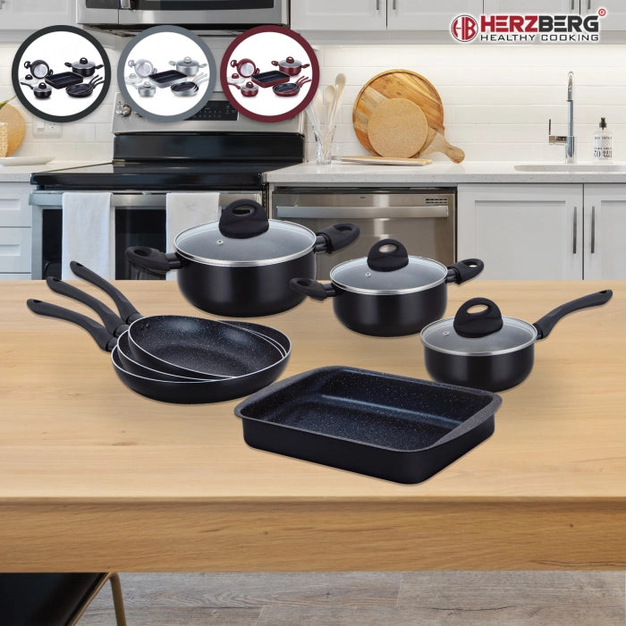 Herzberg HG-9016BR: 10 Pieces Marble Coated Cookware Set - Burgundy - Shopperllo