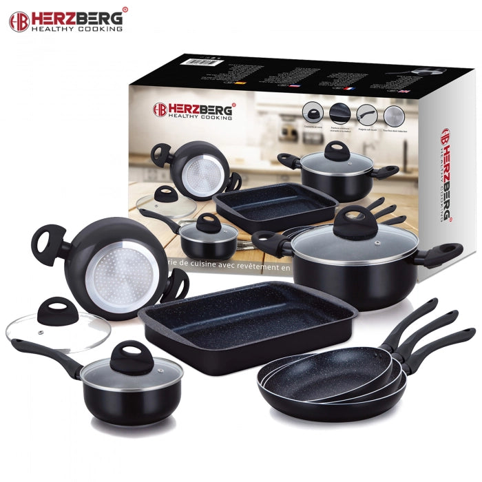Herzberg 10 Pieces Marble Coated Cookware Set - Black - Shopperllo