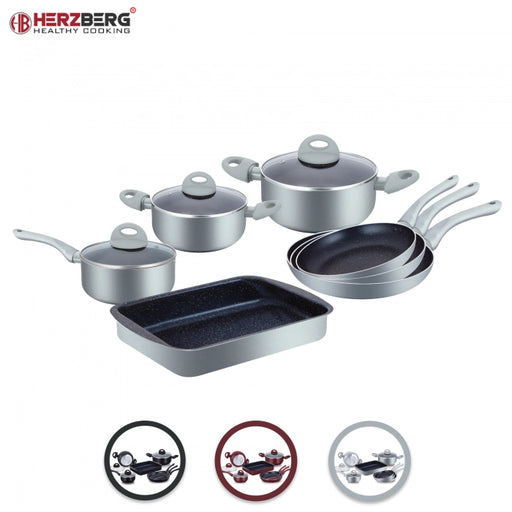 Herzberg 10 Pieces Marble Coated Cookware Set - Silver - Shopperllo