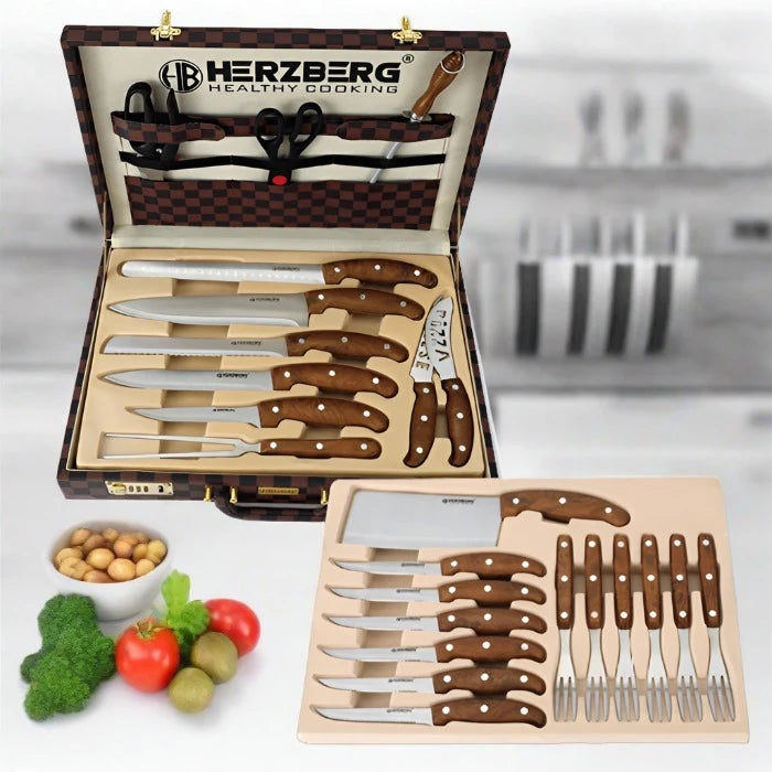 Herzberg HG-K25LB: 25 Pieces Knife and Cutlery Set with Attache Case - Shopperllo