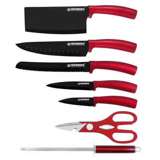 Herzberg 8 Pieces Knife Set with Acrylic Stand - Red - Shopperllo